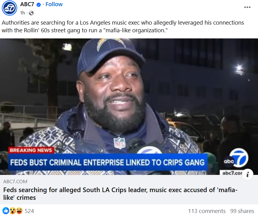 Feds Hunt Alleged South LA Crips Leader, Music Exec Accused of “Mafia-Like” Crimes